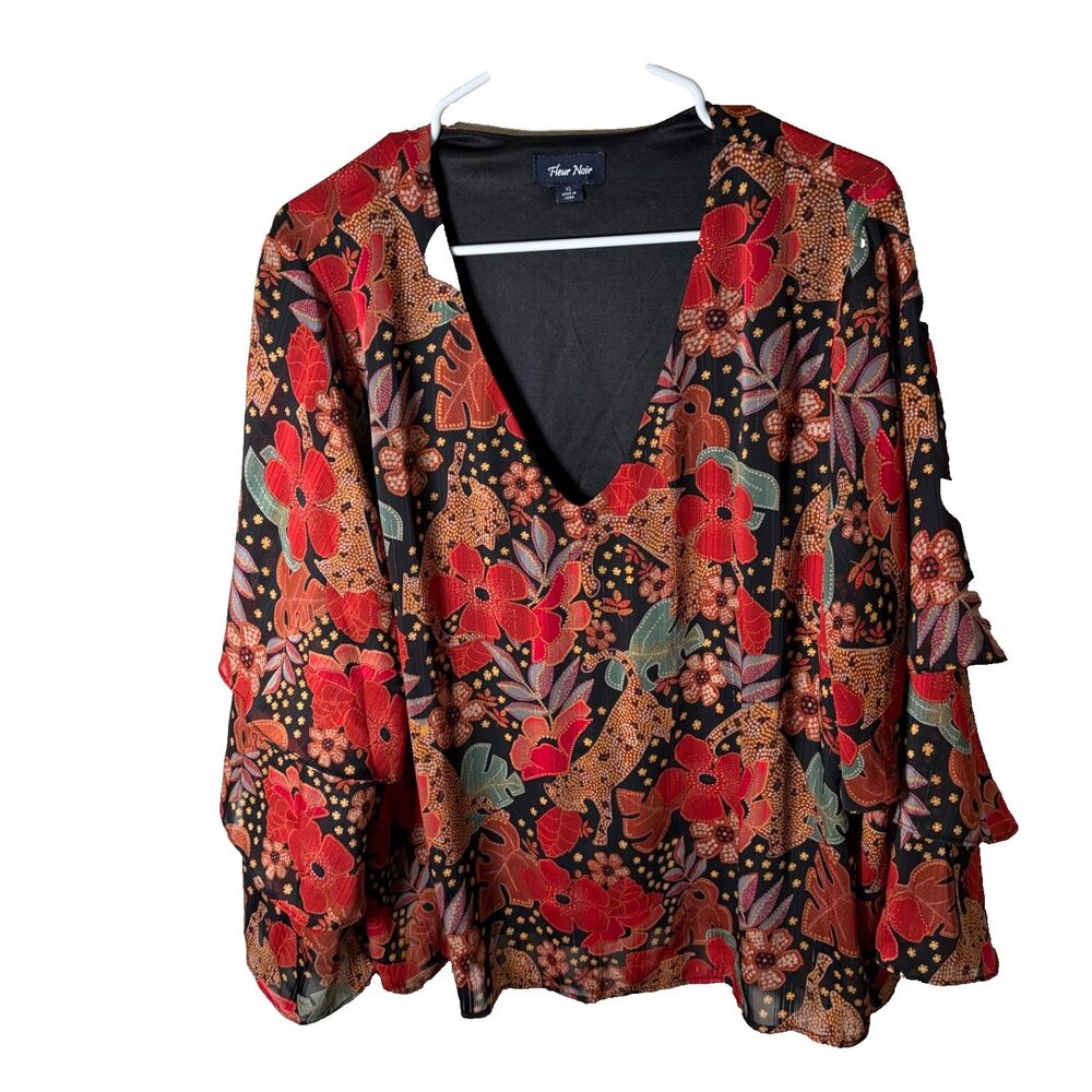 Fleur Noir Blouse Women's XL V-Neck 3/4 Sleeve Ruffle Floral Lined Top